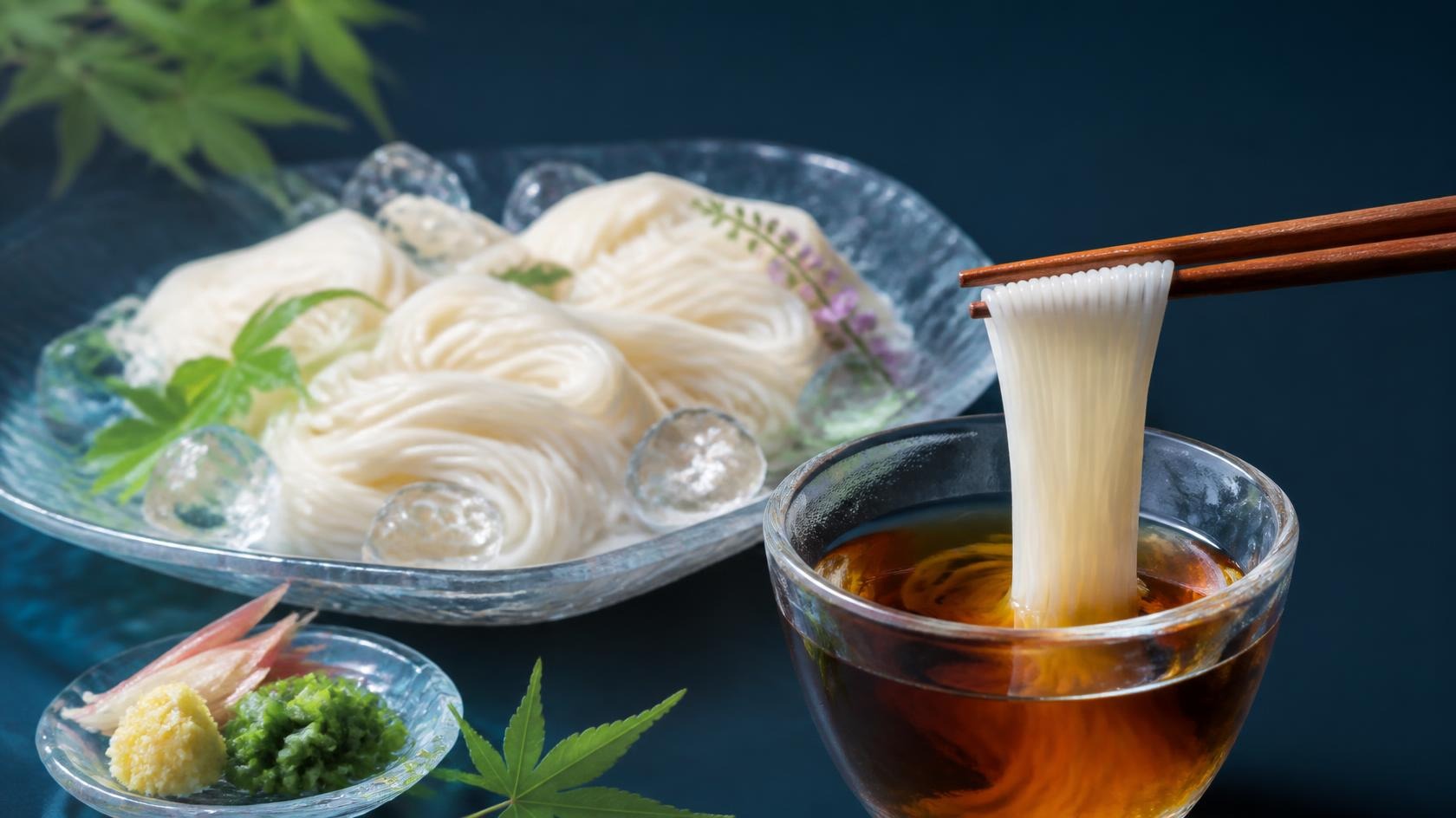 そうめんを箸でとる様子